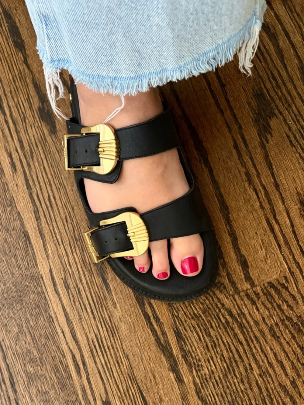 Anine Bing Black Leather Slide Sandals with Gold Buckles - Double Strap - Picture 3 of 5